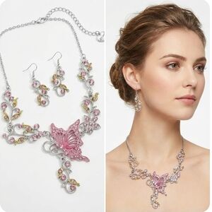 Silver plated pink and green crystal butterfly flower necklace earrings set